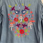 Vintage Natex Folkloric Mexican‎ Embroidered Denim Shirt Eyes Birds Mushrooms S Blue Photo 2