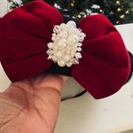 French Style Black Beret with Red Bow Pearl Ribbon Bow NWOT Photo 3