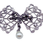 Vintage Bow & rhinestone ribbon with dangle faux pearl. Silver Photo 0