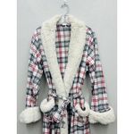 Pottery Barn  Womens Plaid Flannel Soft Faux Fur Belted Robe Generous S-M Photo 2