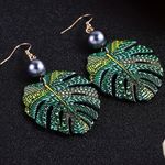 Geo pattern Palm Monstera Green Leaf Gray Pearl Drop Earrings NEW Photo 1