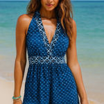 Lucky Brand LK7TF37 Blue Halter Romper Boho Geometric Print Tassel Tie Medium Photo 0