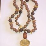 Bergere Vintage Wood Beaded Boho Leaf Pendant Karen Reed Necklace Brown Photo 0