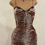 LIONESS Animal Tiger Print NWT Black Lace Sweet Heart Slip Satin Dress Sz L. Photo 0