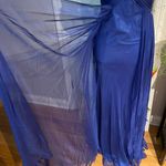 Mac Duggal Flash Vintage Y2k Embellished Bead Spaghetti Strap Fit Flare Draped Train Formal Photo 2