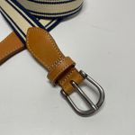 L.L.Bean Women M White Navy Blue Cotton Woven Brown Leather Belt 1-1/8" Wide Photo 1