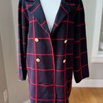 Anne Klein  Navy Blue Red Windowpane Plaid Gold Button Knit Blazer Sweater Coat M Photo 4