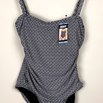DKNY Ladies Swimsuit in Bandeau Maillot Black White Geo, Sz L, Front Shirring Photo 0