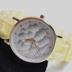 Source Unknown Unique Flower Rhinestone Accent Lt Yellow Acylic Stretch Band Gold Tone Watch Photo 0
