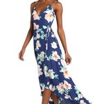 Lulus  Blooming Bright Blue Floral Print High-Low Wrap Midi Dress Size Medium Photo 0