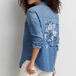 American Eagle Oversized Floral Embroidered Denim Button-up Shirt Jacket sz L Photo 1