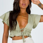 Princess Polly  jamison reid crop top khaki green tie front plunge neck ruffle 8 Photo 0