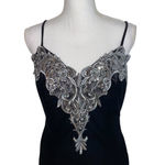 Vintage Dress 90s Midi Cocktail Floral Applique Black Velvet Slinky Party Dress Size M Photo 5