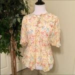 ZARA Yellow Floral Short Sleeve Lace Up Front Dainty Boho SemiSheer Blouse S NWT Photo 4