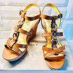 Marc Fisher Genny Medium Brown Leather Wedge Sandals Gold Details, 10M Photo 0