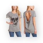 Chaser new  ☻︎ Heart Eye Skull Draped Open Cross Back Tee T Shirt ☻ ︎Heather ☻︎ L Photo 0