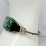 Vintage Alpaca Mexico Mother of Pearl Shell Flower Inlay Bangle Green Photo 5