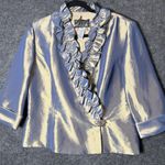 Alex Evenings Blazer XL Metallic Blue Gold Ruffled Collar Jeweled Clasp Formal Photo 0