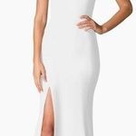 Dress the Population NWOT AMY crepe one shoulder maxi slit white gown sz M Photo 0