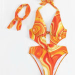 SheIn Orange Swimsuit Set One Piece Sz S Halter Neck w/ Headband  Resort Beachy Photo 0