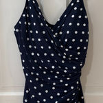 Lands' End  Navy Polka Dots Faux Wrap‎ One Piece Ruched Swimsuit 12DD Photo 0
