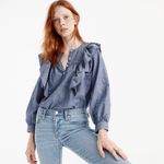 J.Crew ‎ Denim Chambray Ruffled Long Sleeve Popover Cotton Blouse Blue Size 4 Photo 2