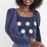 Aerie Crochet Granny Square Coastal Crop Top Gauze Balloon Sleeve Photo 0