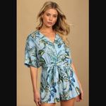 Lulus  Romper Palm Reader S Blue Tropical Print Button-Up Short Sleeve Photo 1