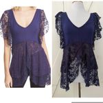 Free People NEW Sheer Heatherton Lace Top Fairy Wing Festival Ruffle Tunic Large Photo 1