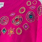 Vintage bright pink cotton/ramie sweater with beads and rhinestones Photo 2