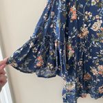 Fred David  Blue Floral Tie Neck Blouse with Bell Flutter Sleeves Size Large‎ Photo 2