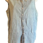 Chico's Blue Chambray Denim Rhinestone Bling Button Down Top Size 2 Rodeo Country Photo 0