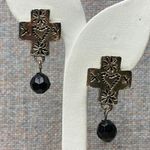 Silver Tone CrosDangle Earrings Black Faceted Bead Drop Religious Grunge Gothic Photo 0