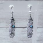 Vintage Clip On Earrings Silver Tone Feather with Turquoise Tone Accent Photo 0