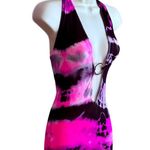 Vibrant Tie Dye Halter Plunging Romper Bodysuit. Pink / Black. One Size Fits All Photo 3