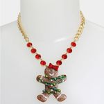 Betsey Johnson  Gingerbread Cookie Christmas Necklace Earrings Set Rhinestone Bow Photo 6