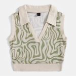 SheIn Green Print Collared V-Neck Tank Crop Top Photo 0