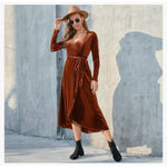 NEW Rust Ribbed Velvet Wrap Long Sleeve Belted Dress L Orange Size L Photo 4