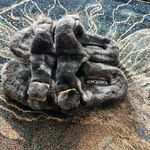 Bebe Plush Gray and Gold Faux Fur Slippers Slides SZ 7 Soft Sandals Rhinestone Photo 2