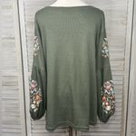 Bloomchic  Waffle Knit Embroidered Floral Lantern Sleeve Tee Army Green-1X(14/16) Photo 2