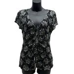 Alfani  Y2K Floral Black & White Lace Ruffle Lettuce Hem V-Neck Top Photo 0
