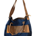 Blue Canvas Crossbody Bag with Tan Faux Leather Trim‎ Shoulder Handbag Photo 0
