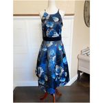Eliza J Black Blue Floral Jacquard Crisscross Halter Fit Flare Belted Dress sz 6 Photo 4