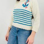 vintage coastal nautical anchor novelty striped turtleneck sweater 3/4 sleeve s Blue Photo 5