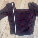 I.N. San Francisco  Plaid Top Sz. L Ruched Sheer Sleeves Cropped Elastic Back (172) Photo 6