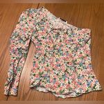 ZARA Floral Print Puff One Shoulder Ruching Sleeve Cotton Top Shirt Size XS Photo 6
