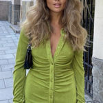 With Jean  Andy Dress‎ Forest Green Ruched Long Sleeve Button Down Sz M Photo 0