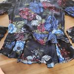 ZARA  small satin black floral long sleeve ruffle hem blouse Photo 4