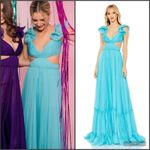 Mac Duggal Ruffled Shoulder Cut Out Lace Up Gown Dress Blue Green Size 10 Photo 1