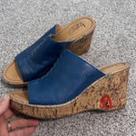 b.o.c Women's Blue Leather Cork Floral Wedge Heel Sandals Slides Size 9 Photo 0